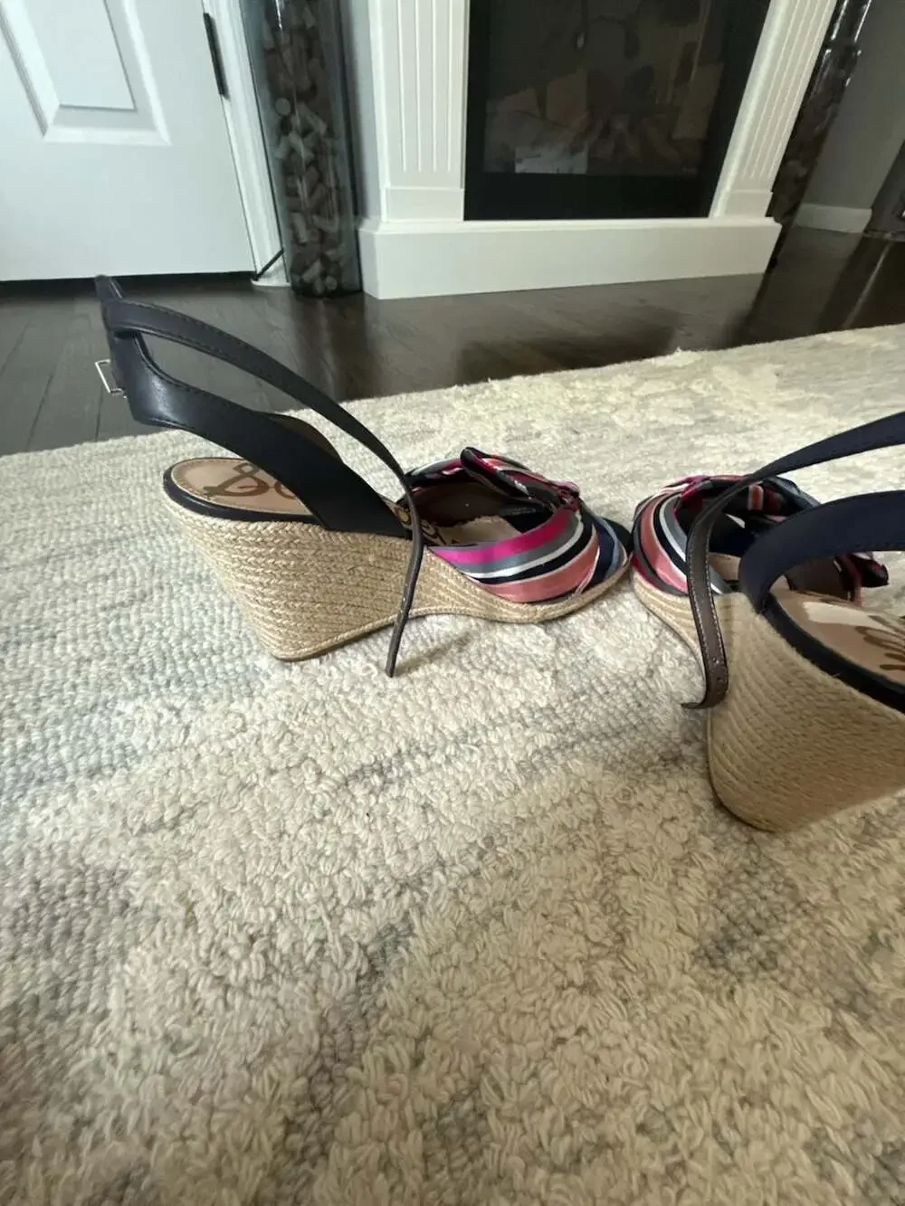 Sam Edelman Aubrey Espadrille Wedge Striped Bow Sandal Navy Pink Tan Size 10